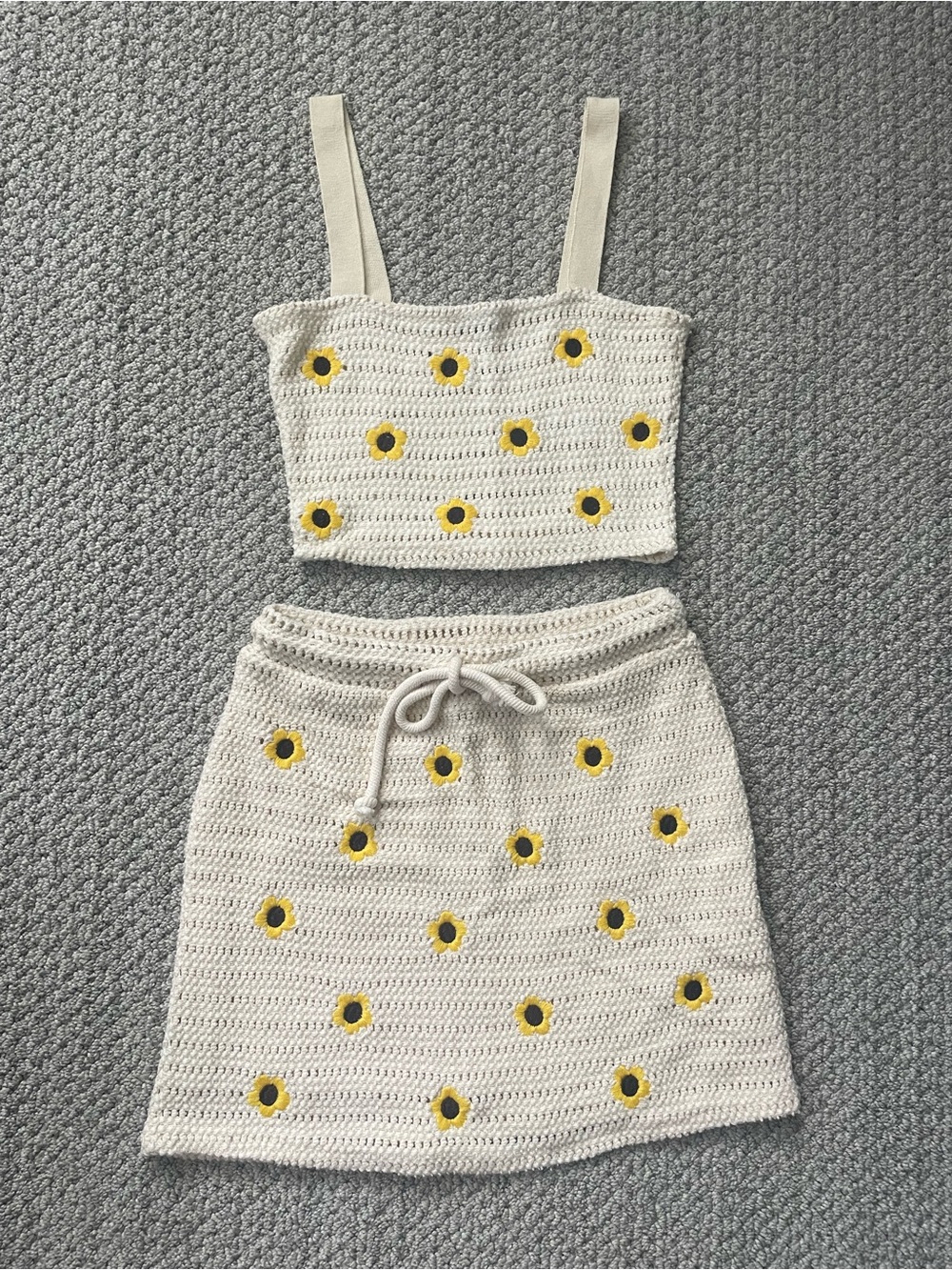 Zara Ivory Crochet Mini Skirt with Yellow Daisy Embroidery